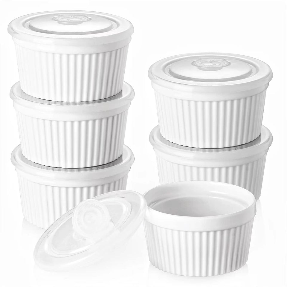 DOWAN 4oz ramekins with lids for oven-ready single servings.