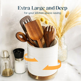 DOWAN soft white ceramic utensil caddy on countertop for a clean, stylish look.