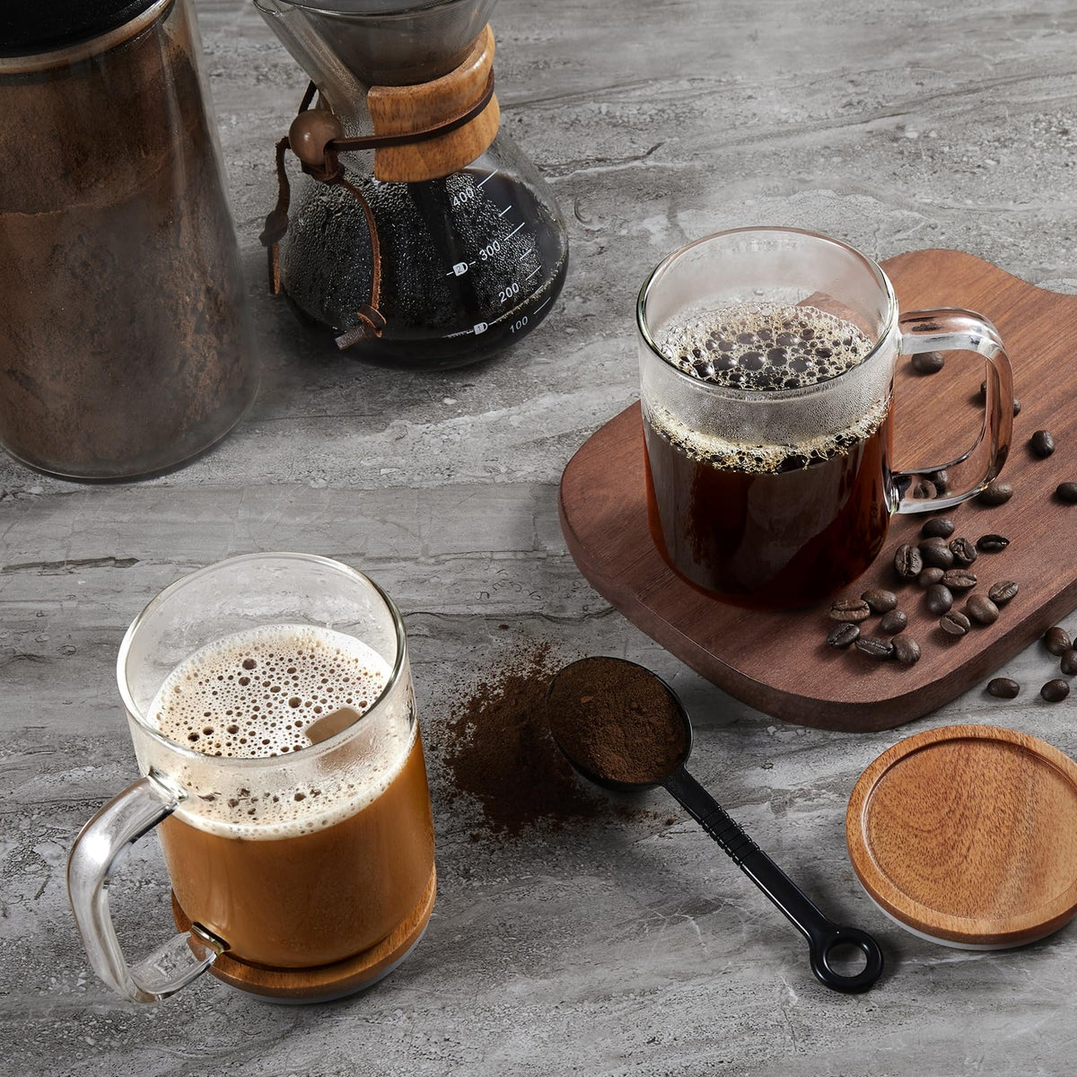DRASTAR modern glass mug on kitchen counter.
