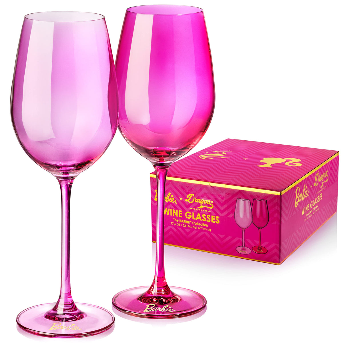Dragon Glassware Barbie magenta wine glass with stem and logo for stylish entertaining.