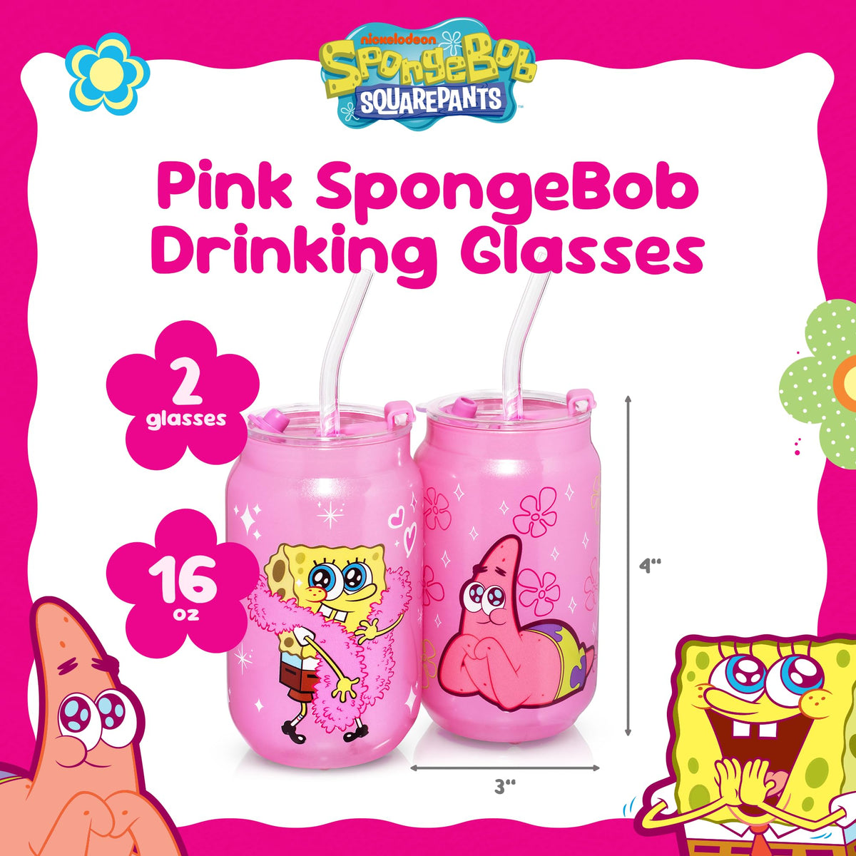 Dragon Glassware SpongeBob 16oz tumbler set with lids for cold beverages.