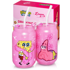 Dragon Glassware SpongeBob 16oz tumbler with lid and straw in pink for iced drinks.