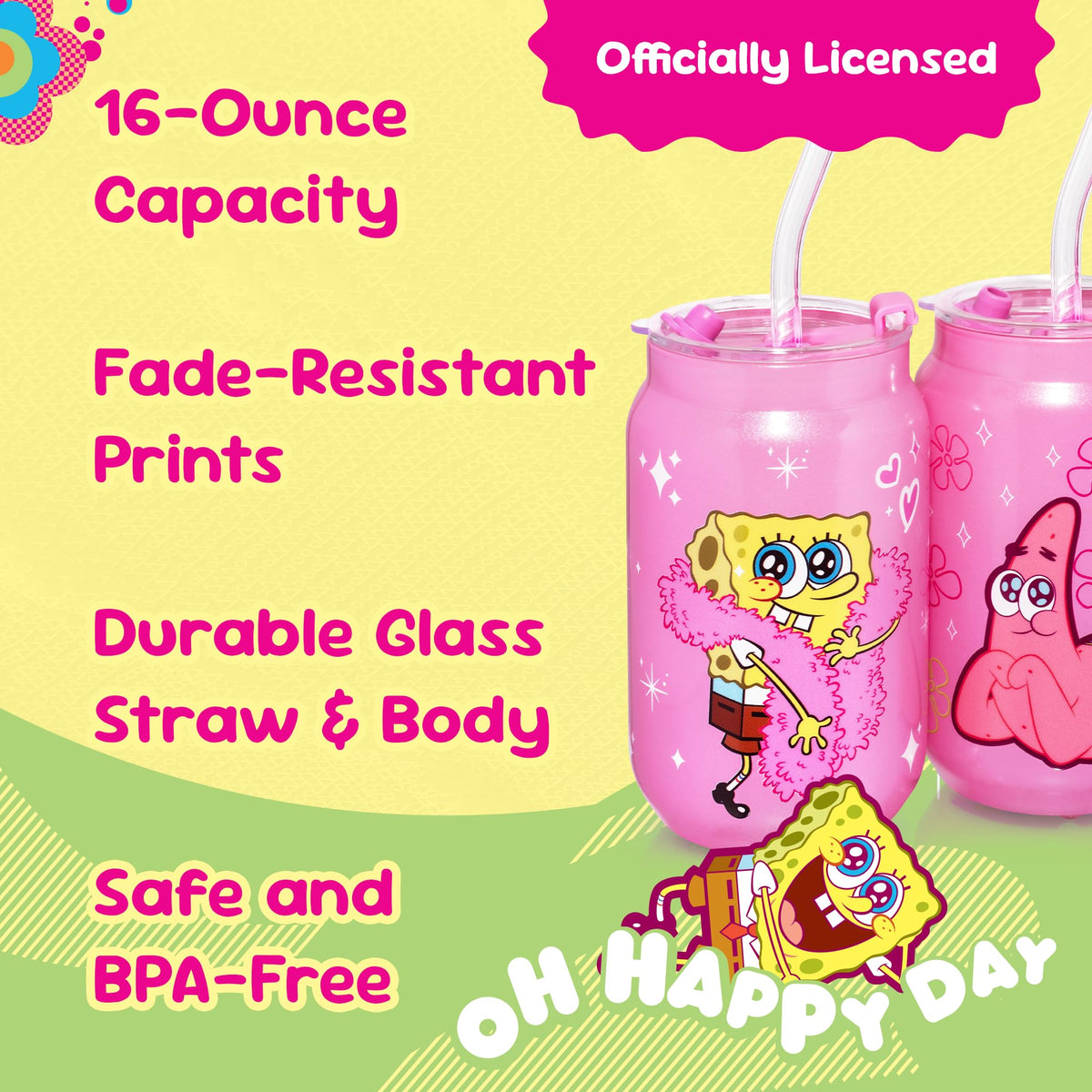 Dragon Glassware SpongeBob graphic tumbler in pink for playful sipping.