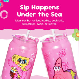Dragon Glassware SpongeBob ice coffee cup with lid shown on desk.