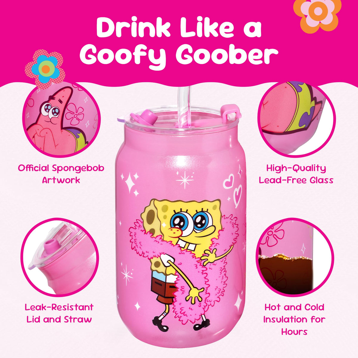 Dragon Glassware SpongeBob reusable tumbler in pink for daily use.
