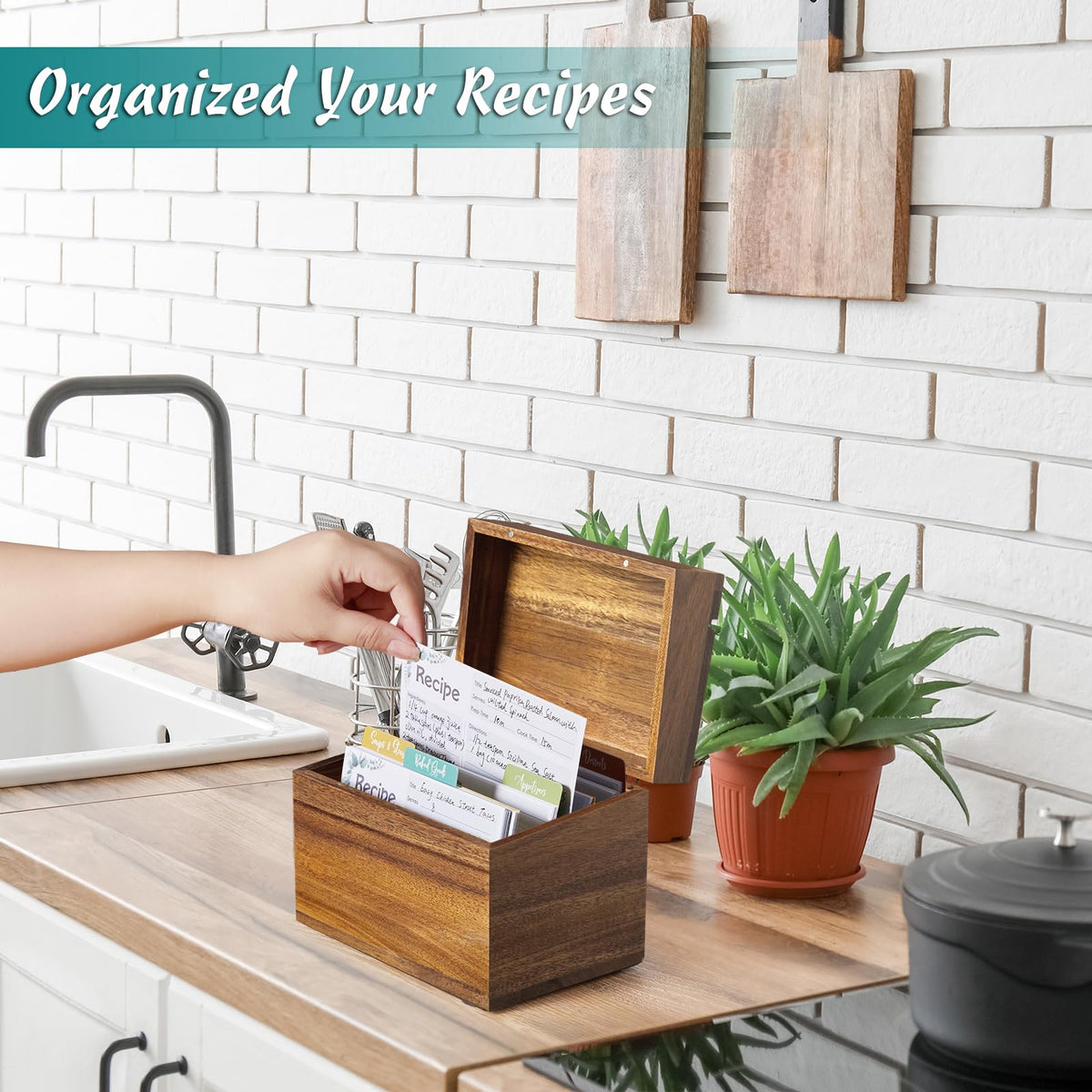 DRASTAR Acacia recipe box on kitchen counter ready for everyday use.