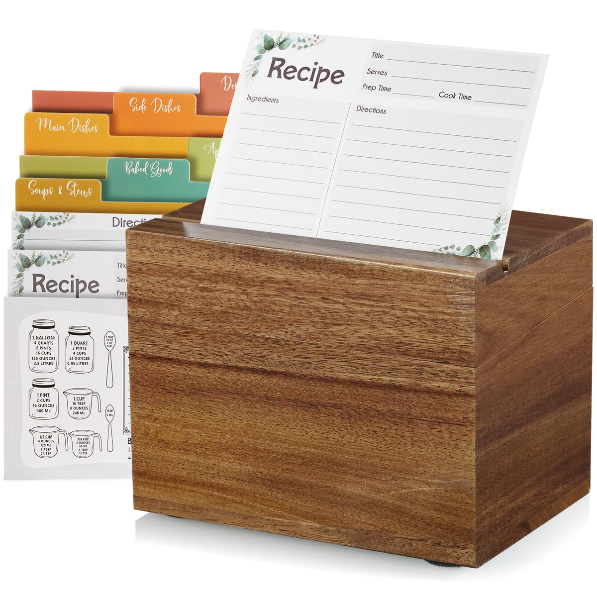 DRASTAR Acacia recipe box front view shows durable wood craftsmanship and organized storage.
