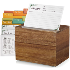 DRASTAR Acacia recipe box front view shows durable wood craftsmanship and organized storage.