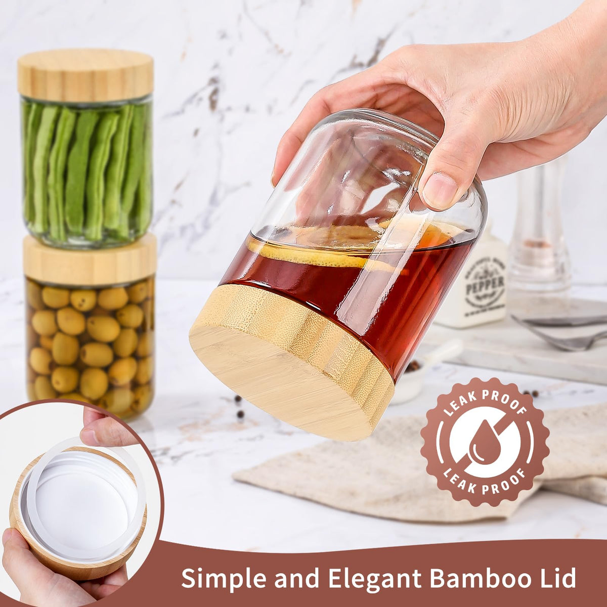 DRKIO bamboo lid glass jar for pantry organization and stylish storage.