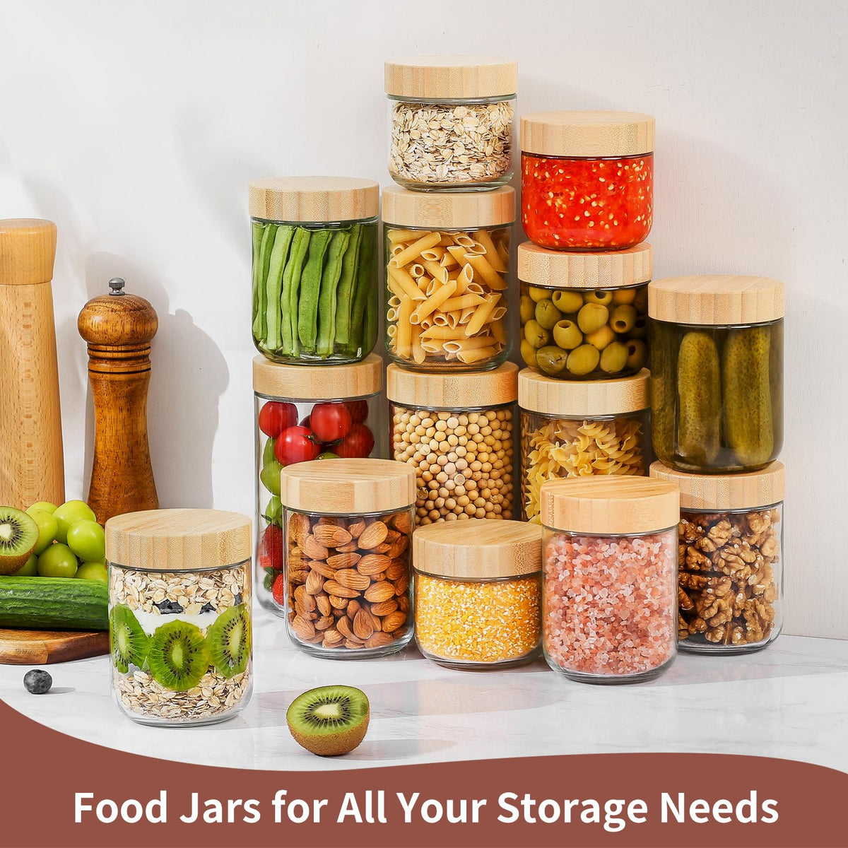 DRKIO pantry organizer glass jars help keep shelves neat.