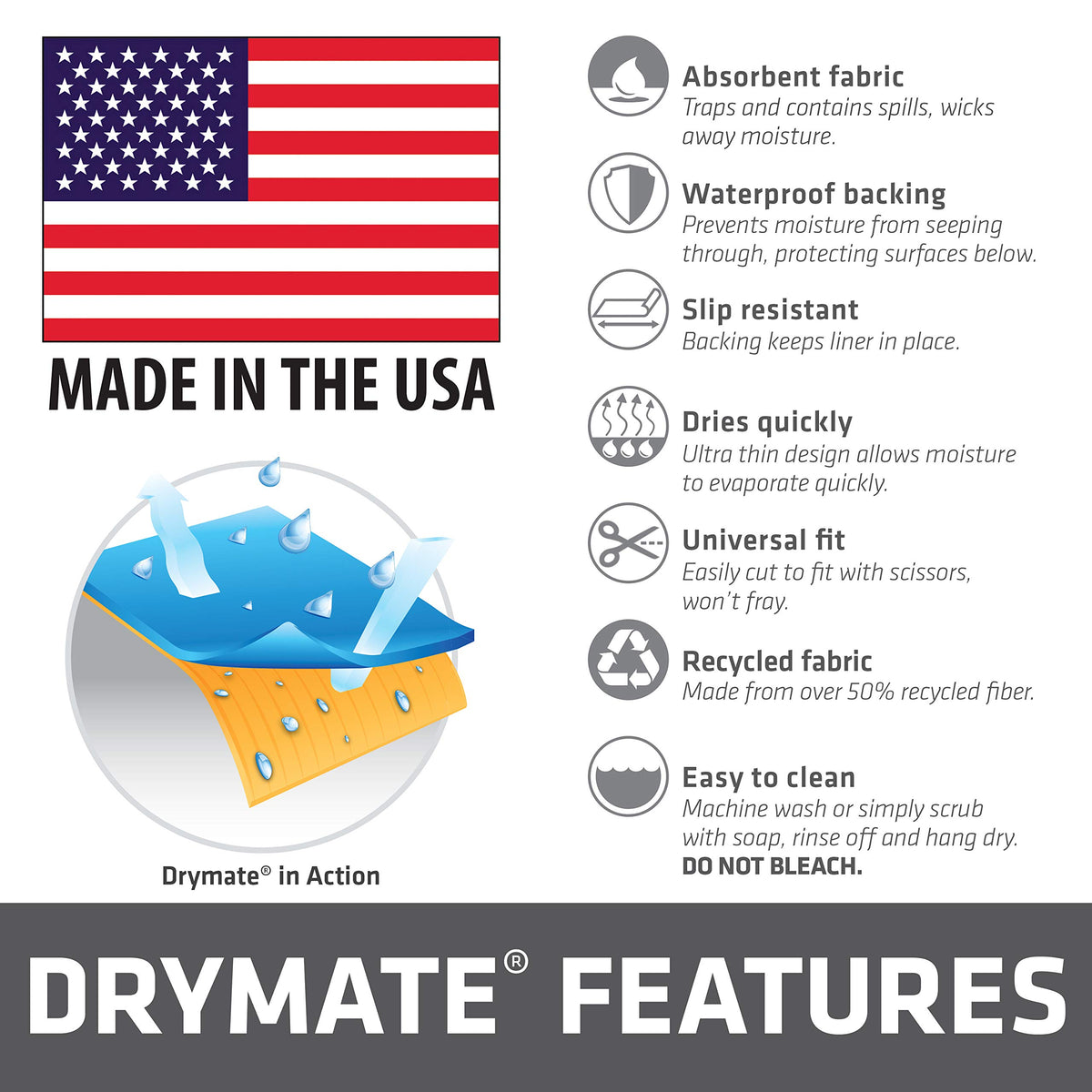 Drymate USA-made liner emphasizes durable recycled-fiber composition.