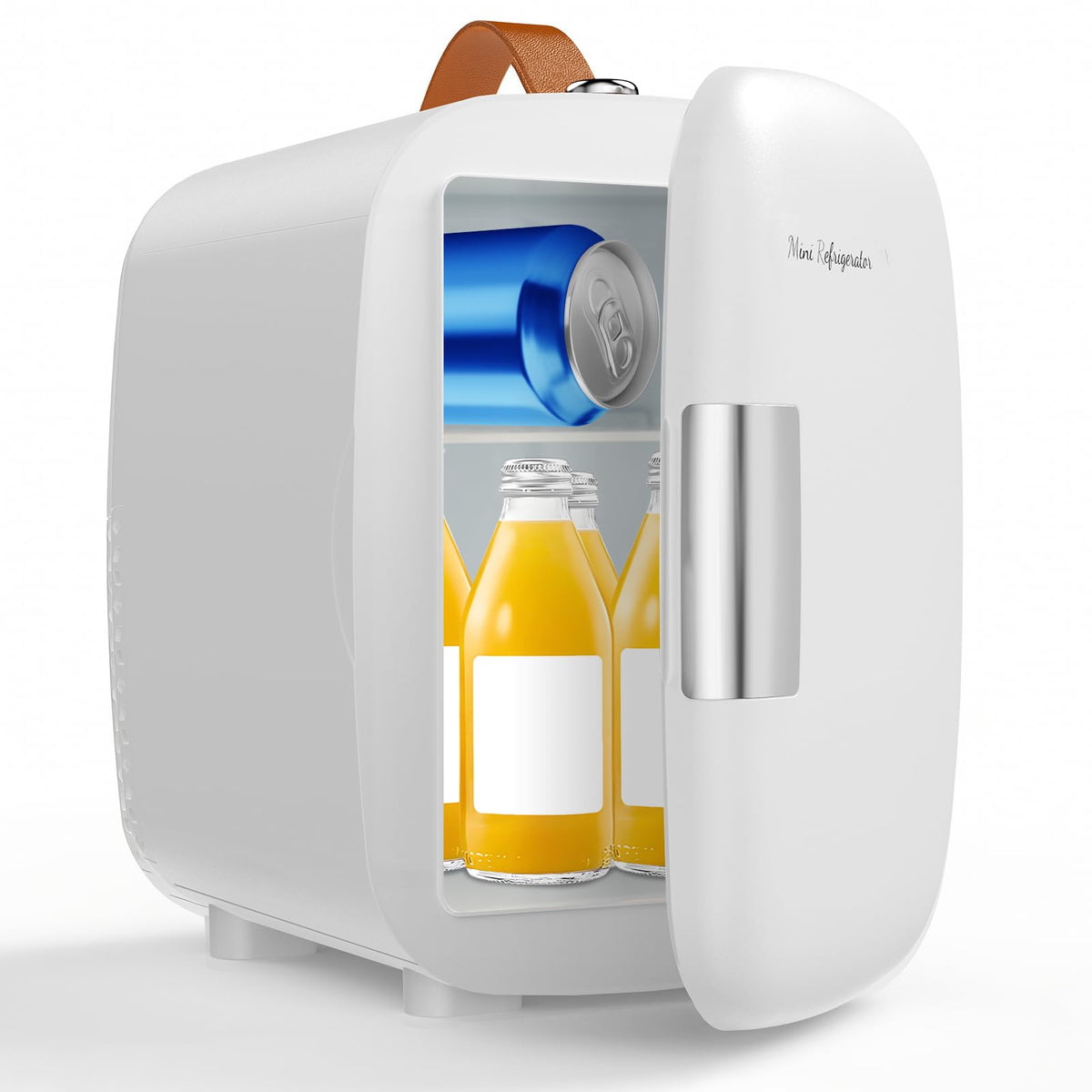 DUMOS 4L mini fridge in bedroom keeps skincare and drinks cool on demand.