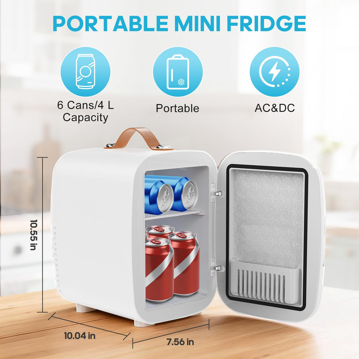DUMOS mini fridge with AC/DC power enables versatile placement.