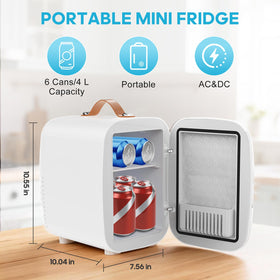 DUMOS mini fridge with AC/DC power enables versatile placement.