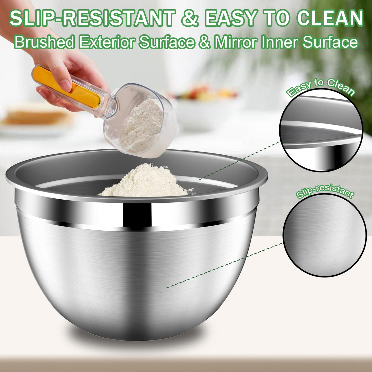 DUTZUN full brushed surface offers non-slip grip during mixing.