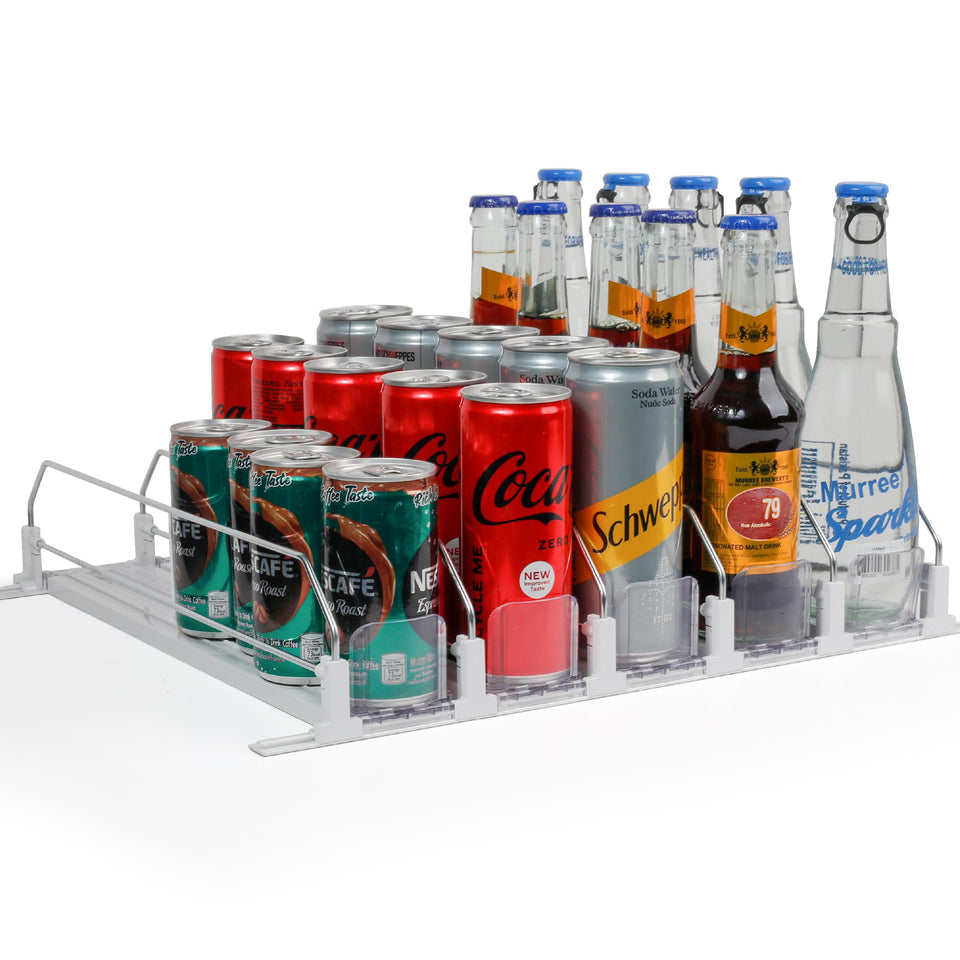 Dwella drink organizer for fridge with five rows keeps beverages organized and easy to grab.