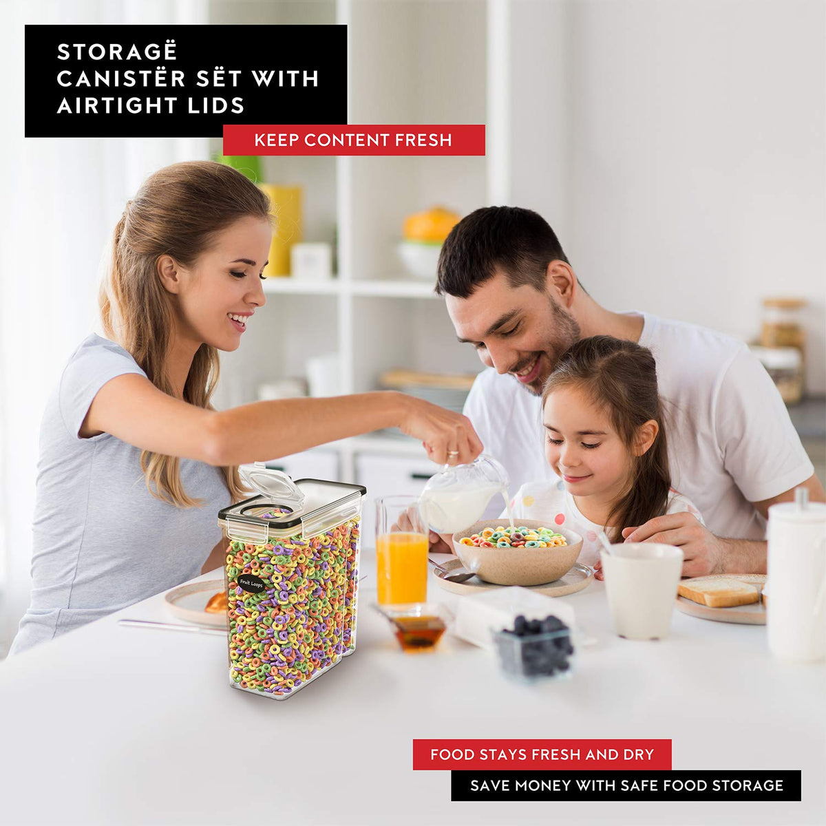 DWËLLZA KITCHEN airtight lid and pour spout keep cereals fresh and dry.
