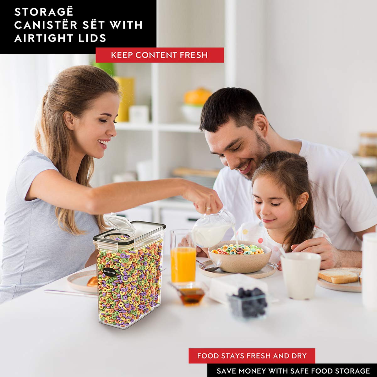 DWËLLZA KITCHEN airtight lid system keeps cereals fresh after pouring.