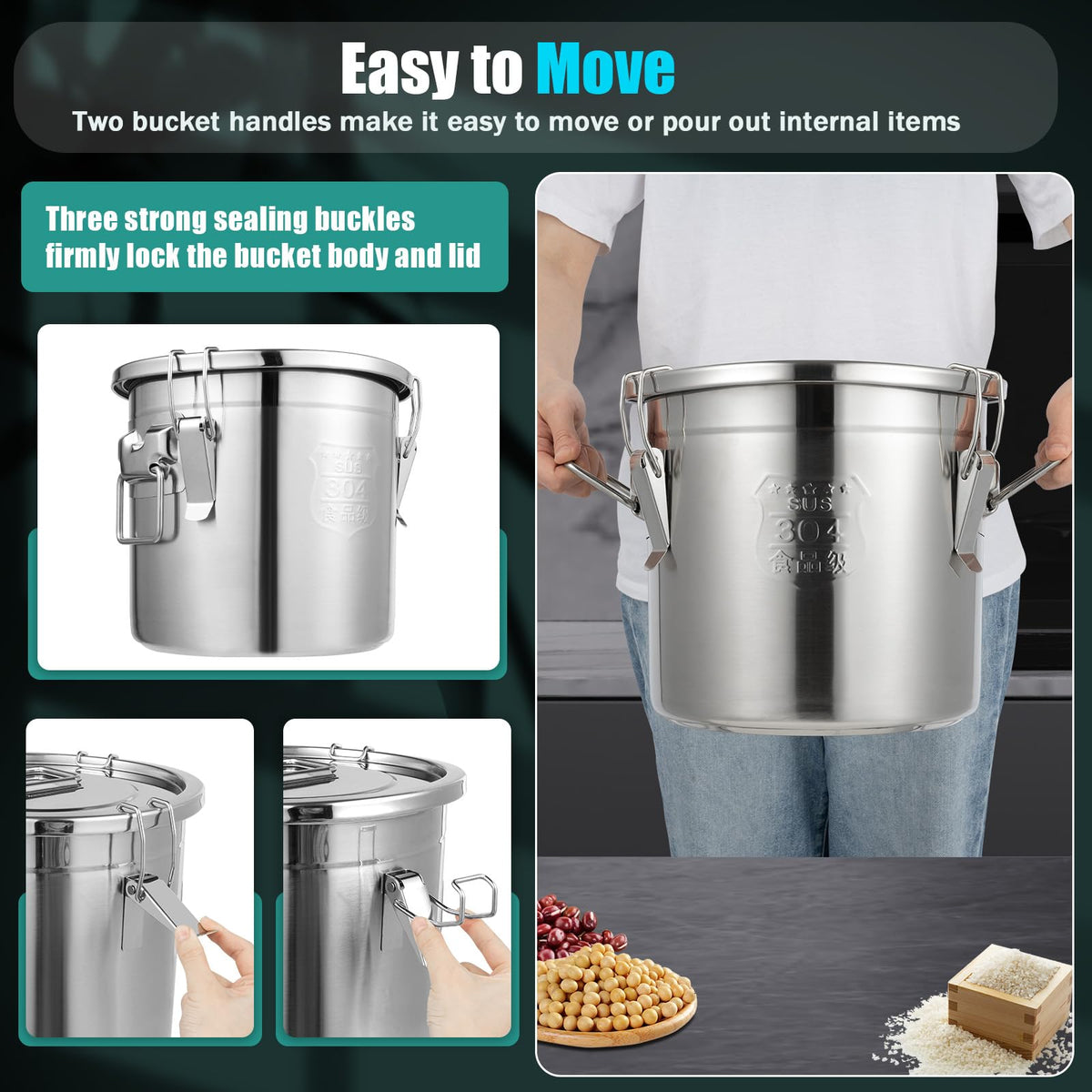 DYNAMI rice storage canister designed for easy pouring and handling.