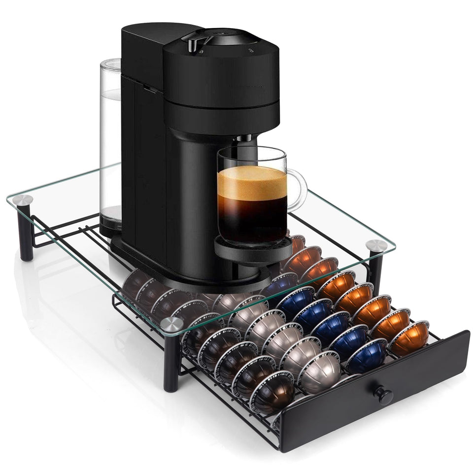 Eastsign pod drawer under the Vertuo machine provides tidy, ready-to-brew capsules.