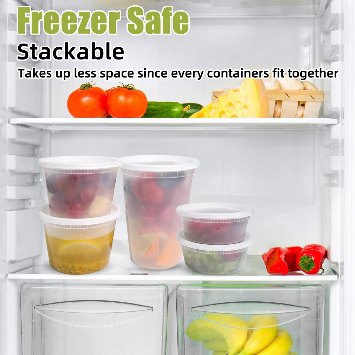 EASYTRIP stackable design saves space in fridge and pantry.