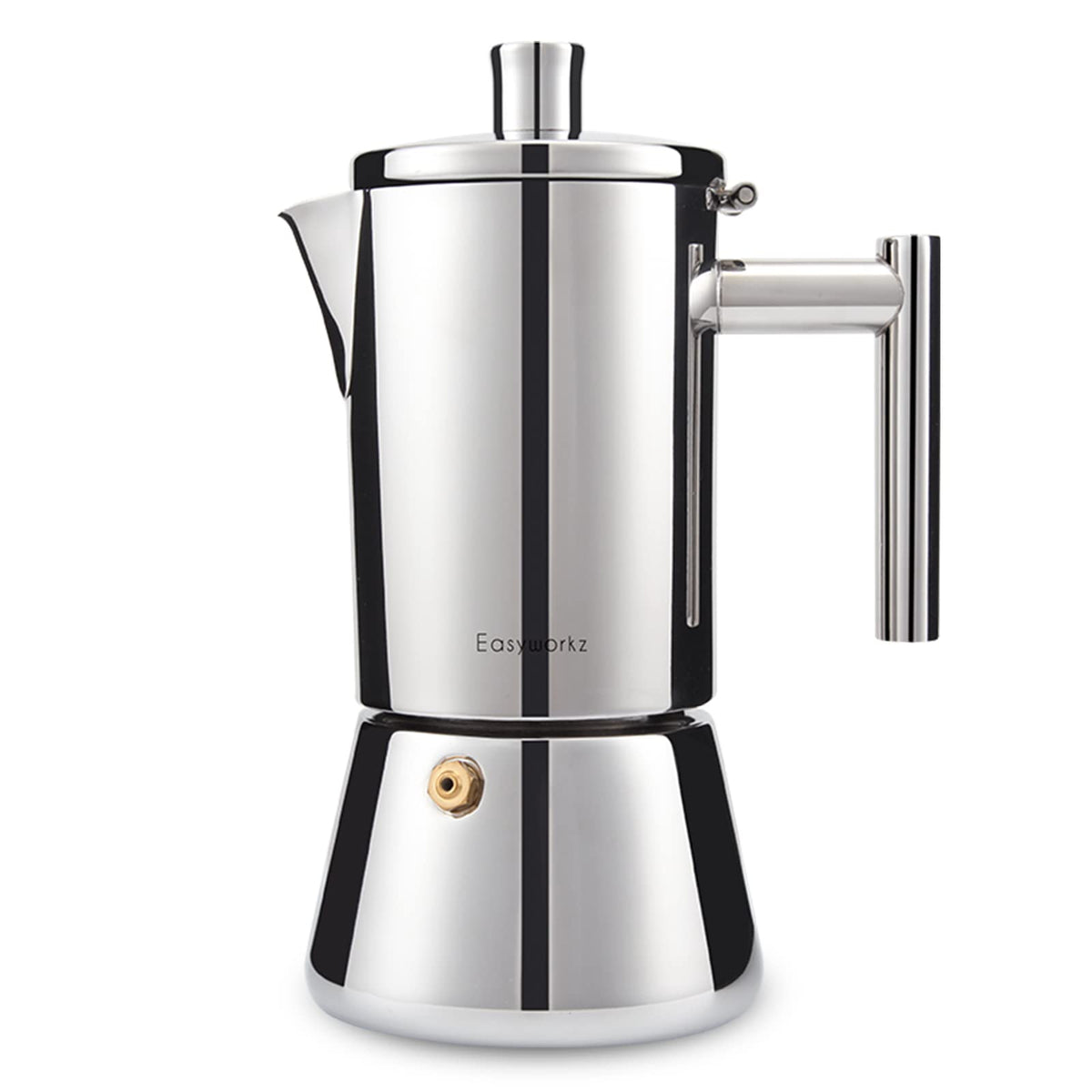 Easyworkz Diego stovetop espresso pot with lid—heat-resistant design for safe, stylish brewing.