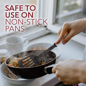 Eatex solid spoon with nylon tip protects cookware.