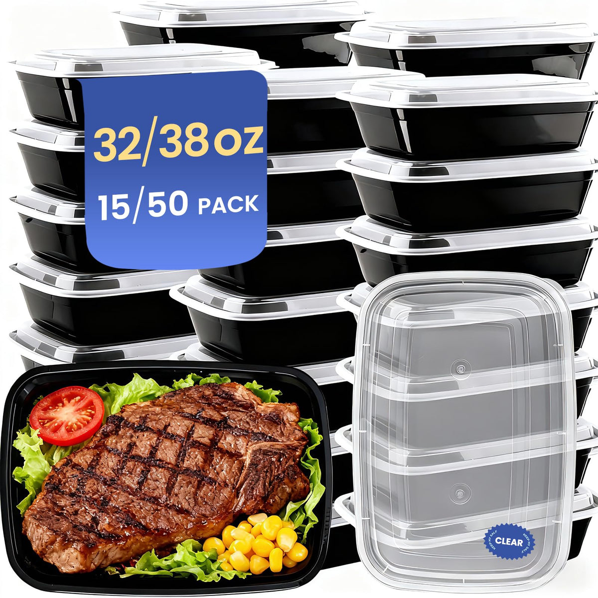 Eco Maicoco 38oz meal prep containers in a 50-pack, ideal for portioned meals.