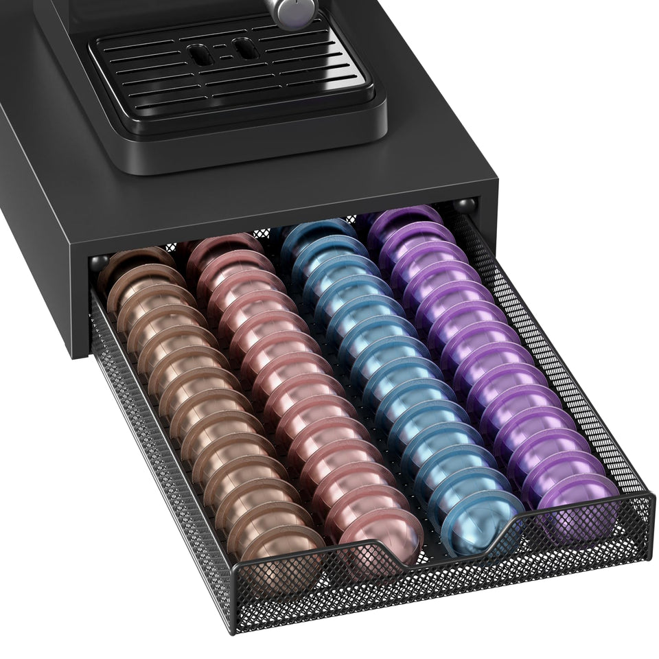 ECOLOVI Nespresso Vertuo pods holder under the machine for easy access.