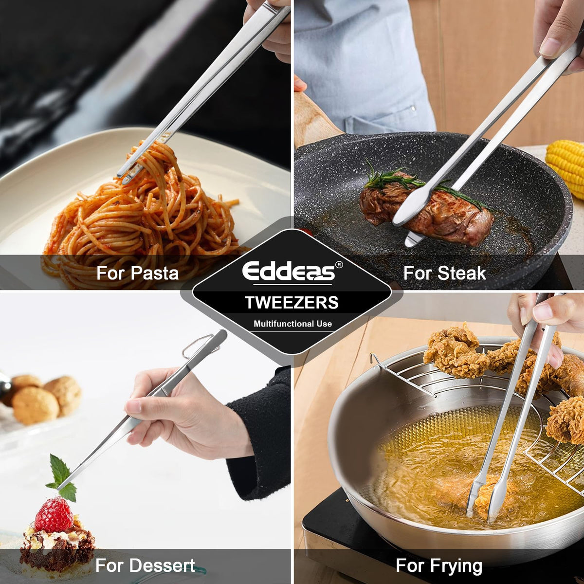 Eddeas 8-inch tweezers with serrated handle for a firm grip.