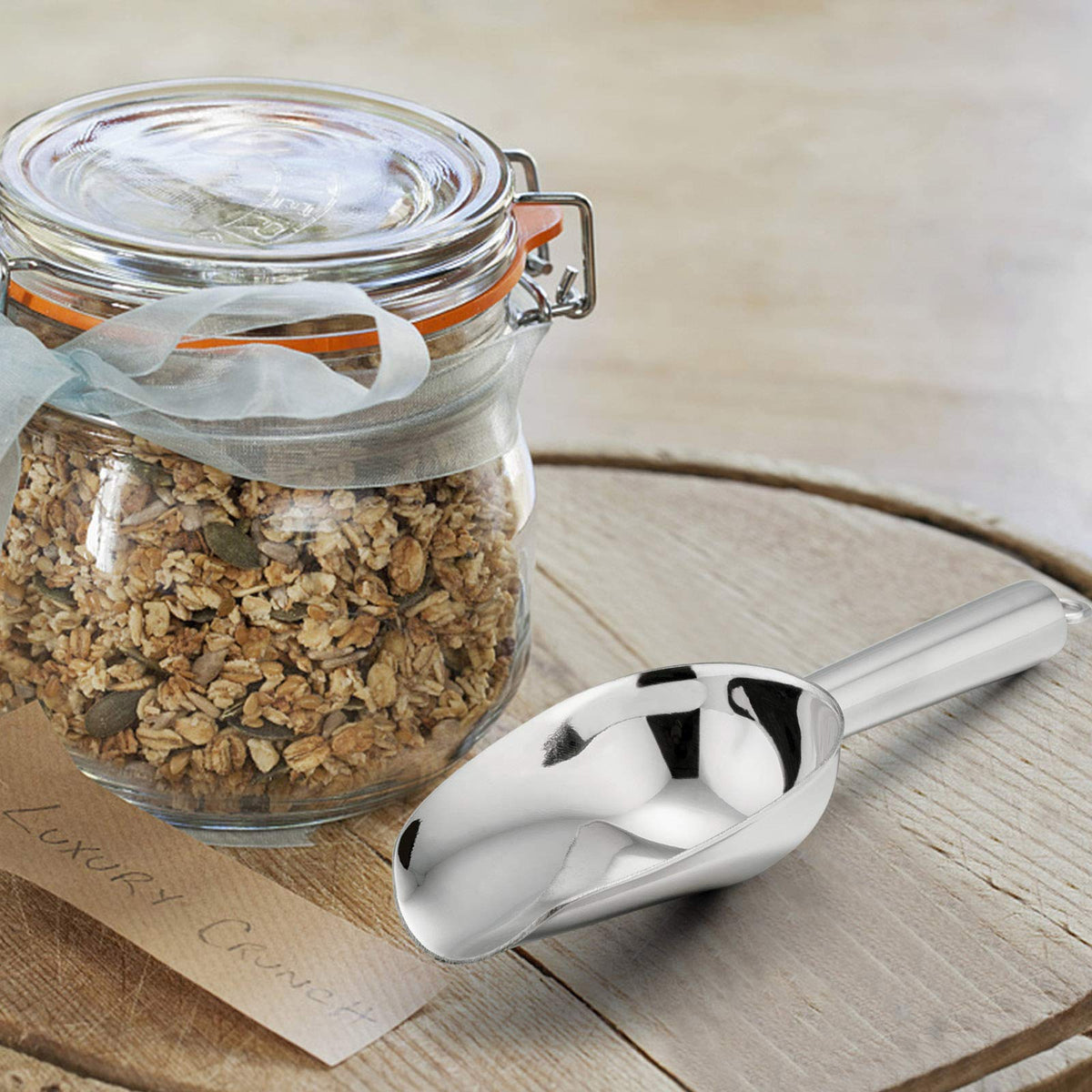 E-far mini scoop designed for dry goods storage and quick portioning.