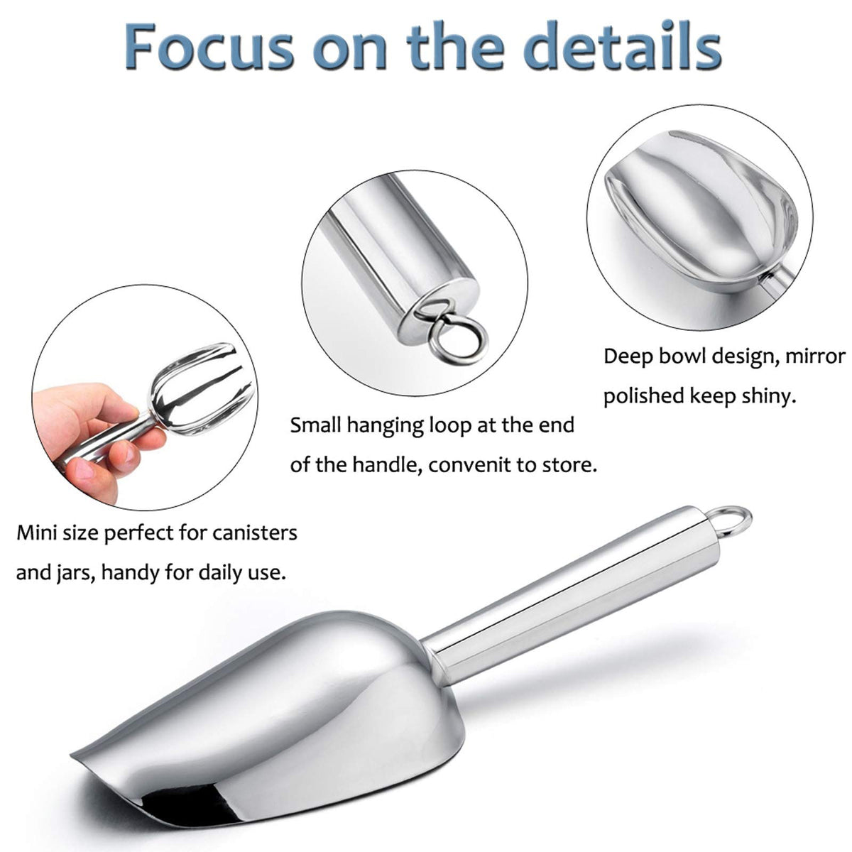 E-far mini scoop with hanging loop keeps utensils organized and accessible.