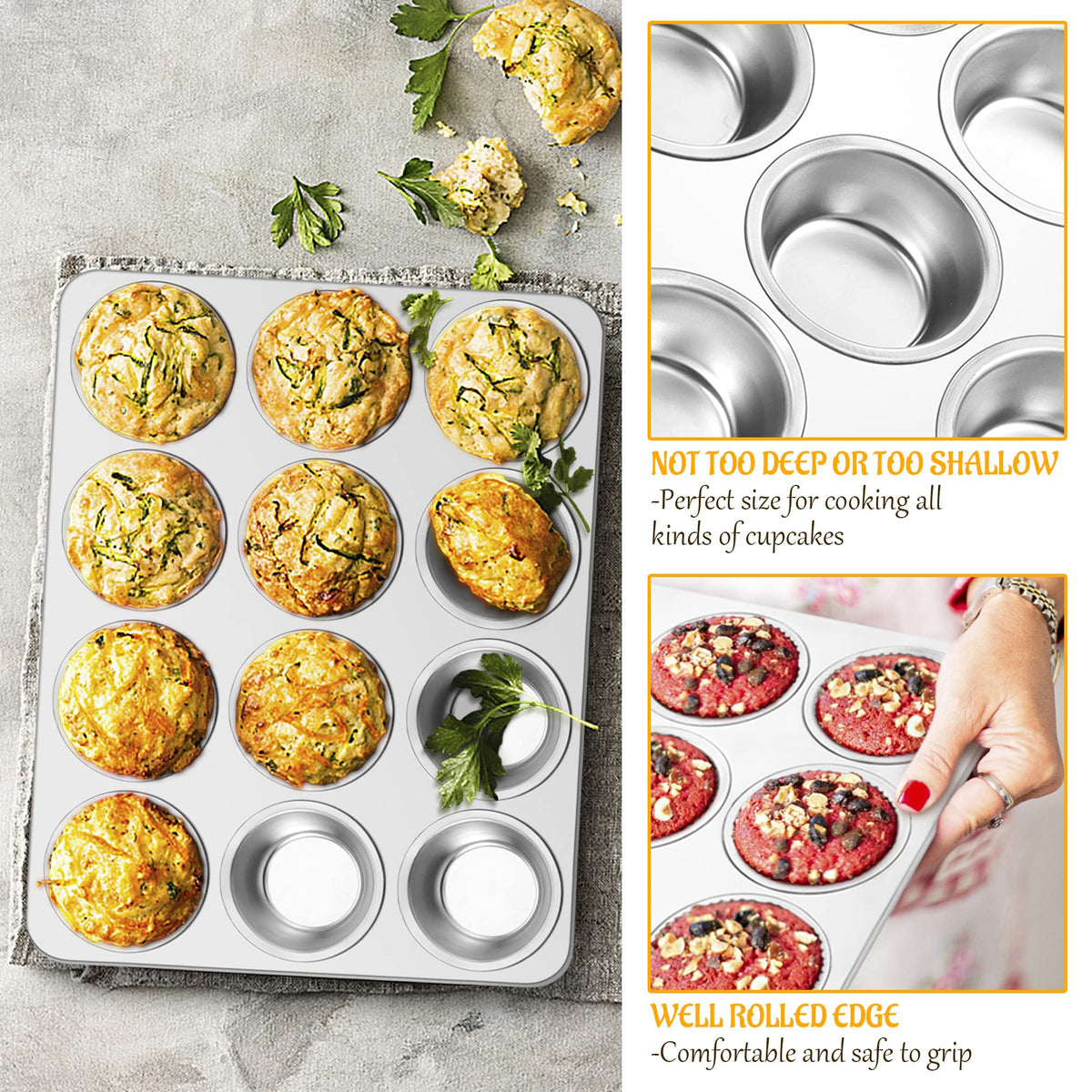 E-far muffin pan withstands up to 450°F for versatile baking.