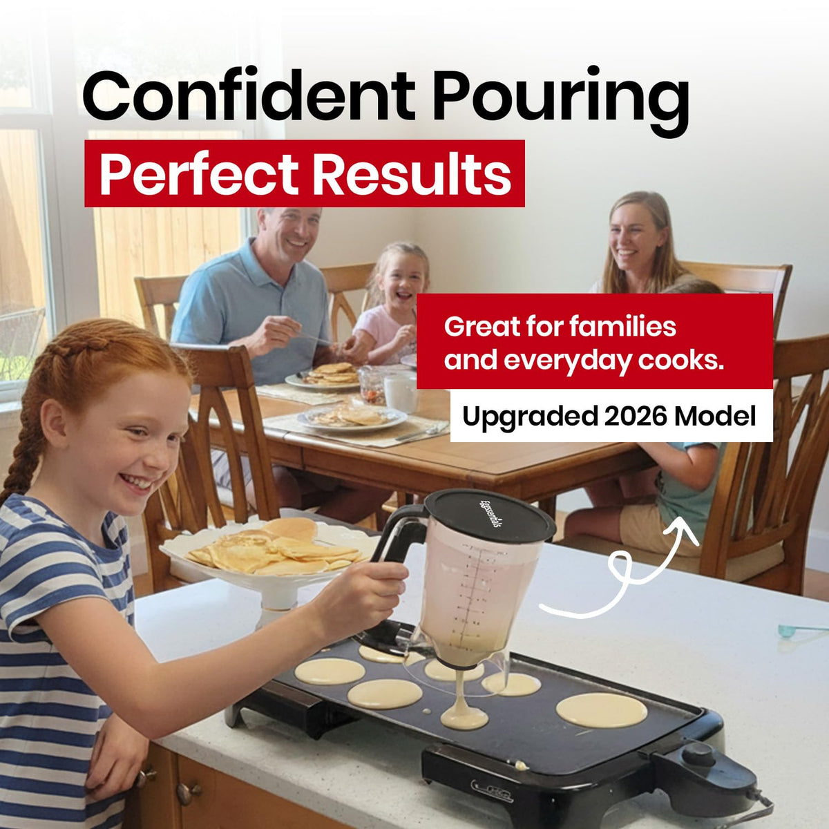 Eggssentials easy-squeeze one-hand handle facilitates controlled pours with thick or thin batter.