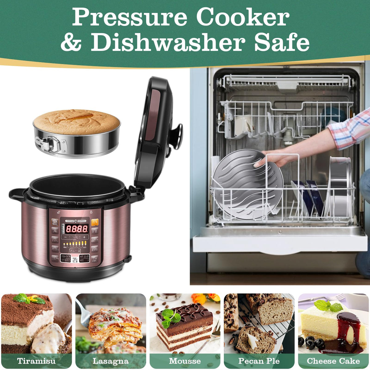 E-Gtong pan with removable base ensures even heat for fluffy cheesecake.
