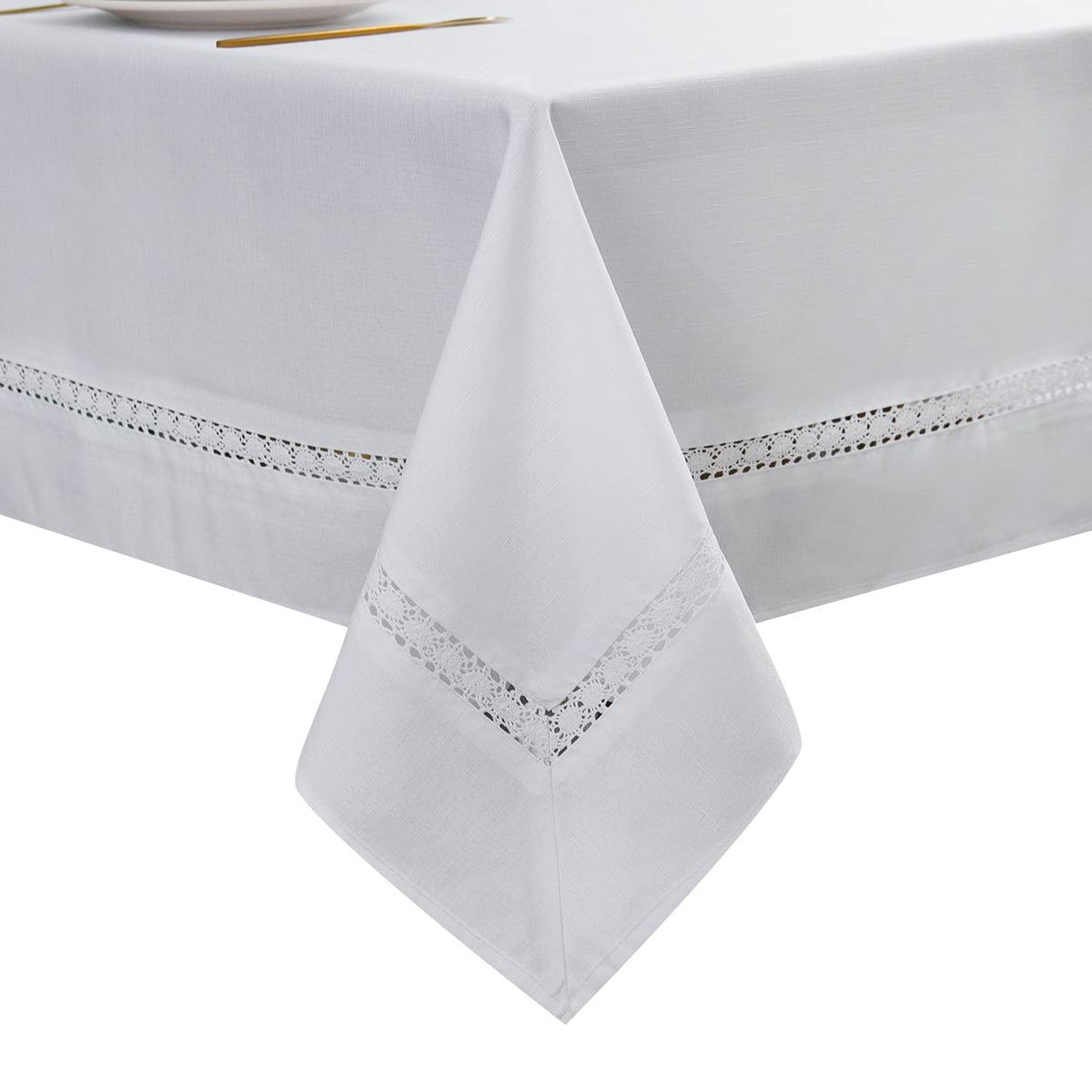 EHouseHome heavy-duty tablecloth with white lace protects surfaces while adding elegant dining style.