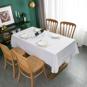 EHouseHome white lace tablecloth close-up highlights refined texture and premium faux linen finish.