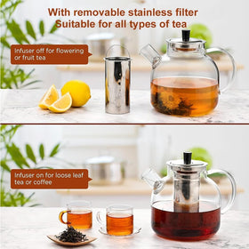Ehugos glass teapot shown on a stovetop for kettle-style heating.