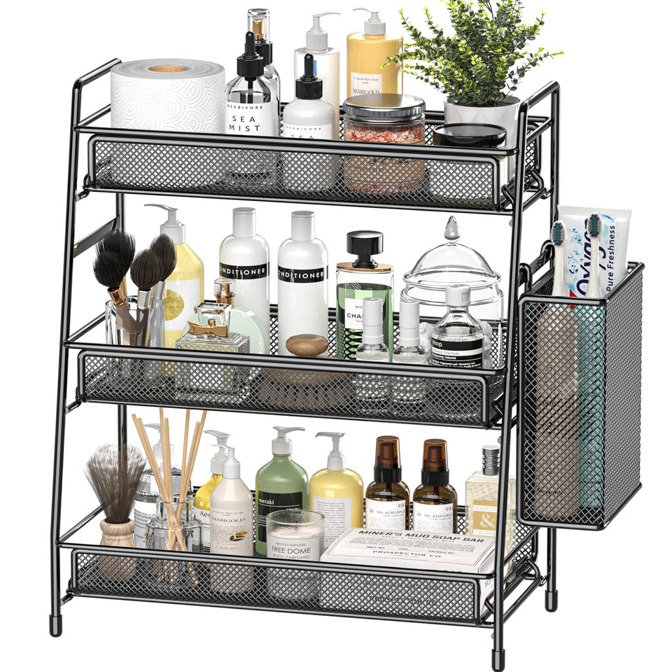 EKNITEY 3-tier counter organizer with metal rack keeps items tidy.