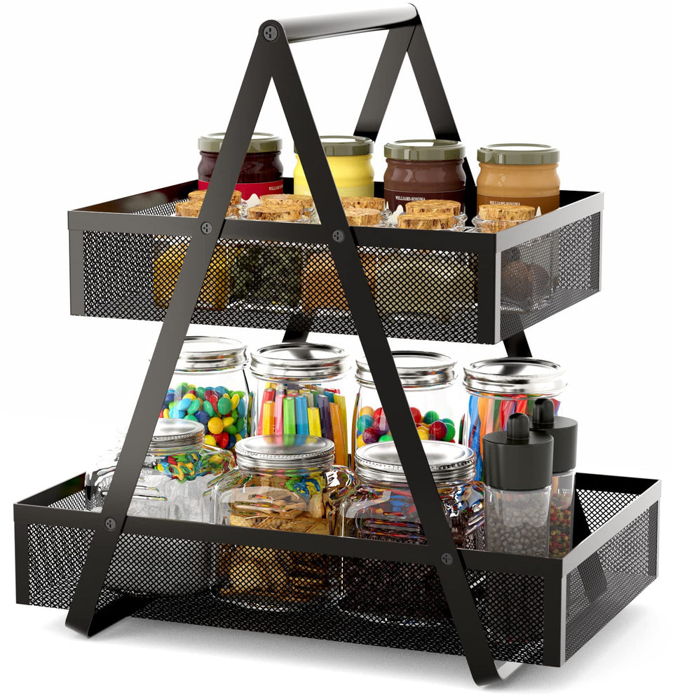 EKNITEY tiered snack organizer black with two trays for quick counter access.