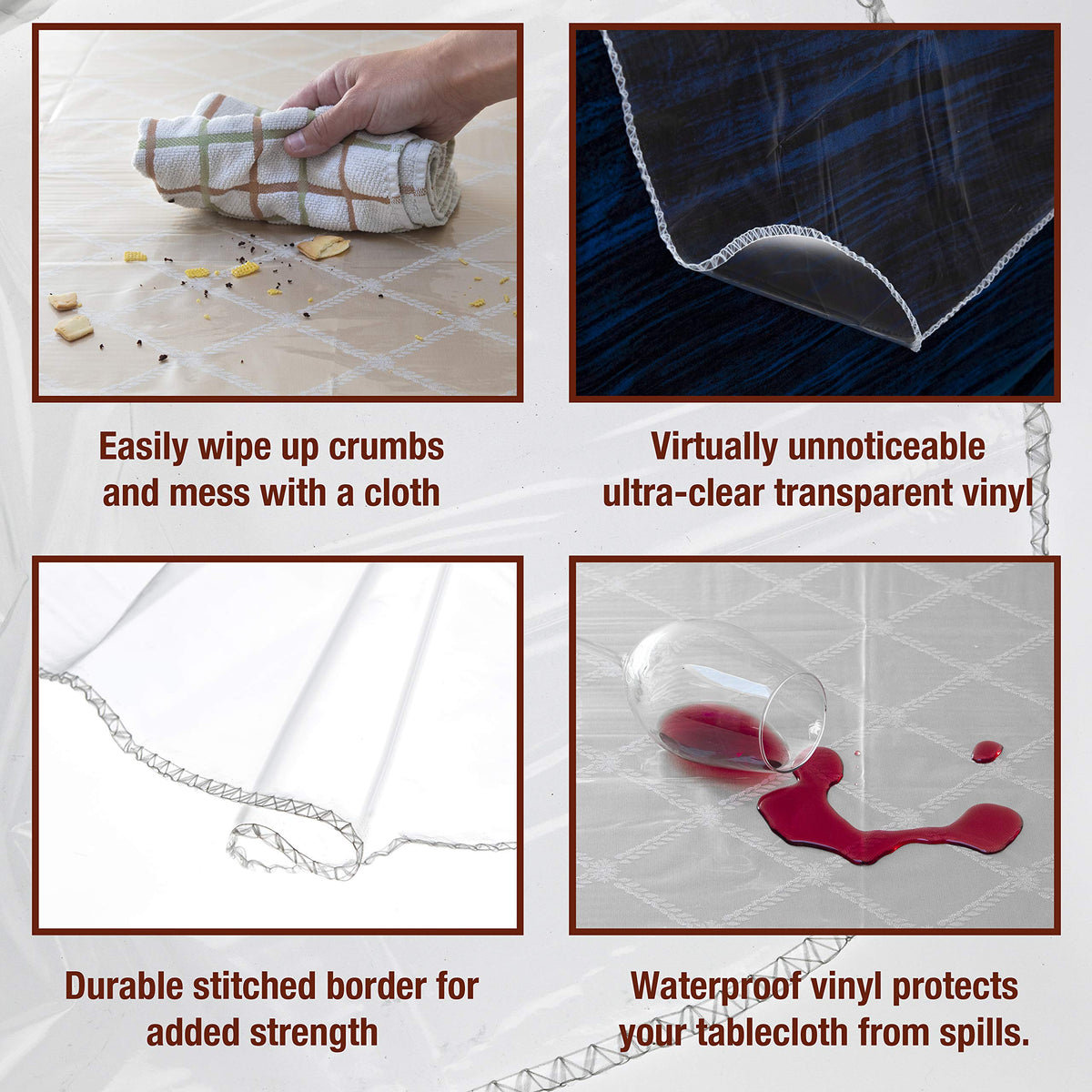 Elaine Karen crystal-clear vinyl shows tableware while shielding surfaces.