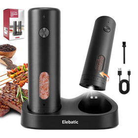 Elebatic electric salt and pepper grinders front view, highlighting sleek design for easy kitchen use.