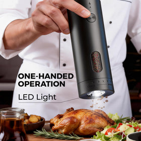 Elebatic built-in LED light illuminating spices during evening cooking.