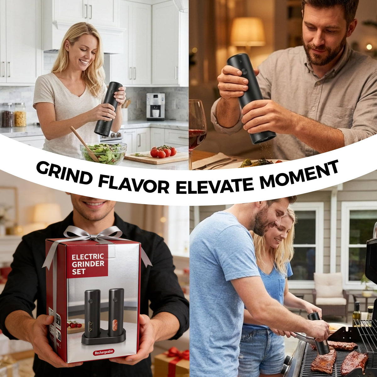 Elebatic grinders with charging base, showing convenient wireless recharging and clutter-free countertop.