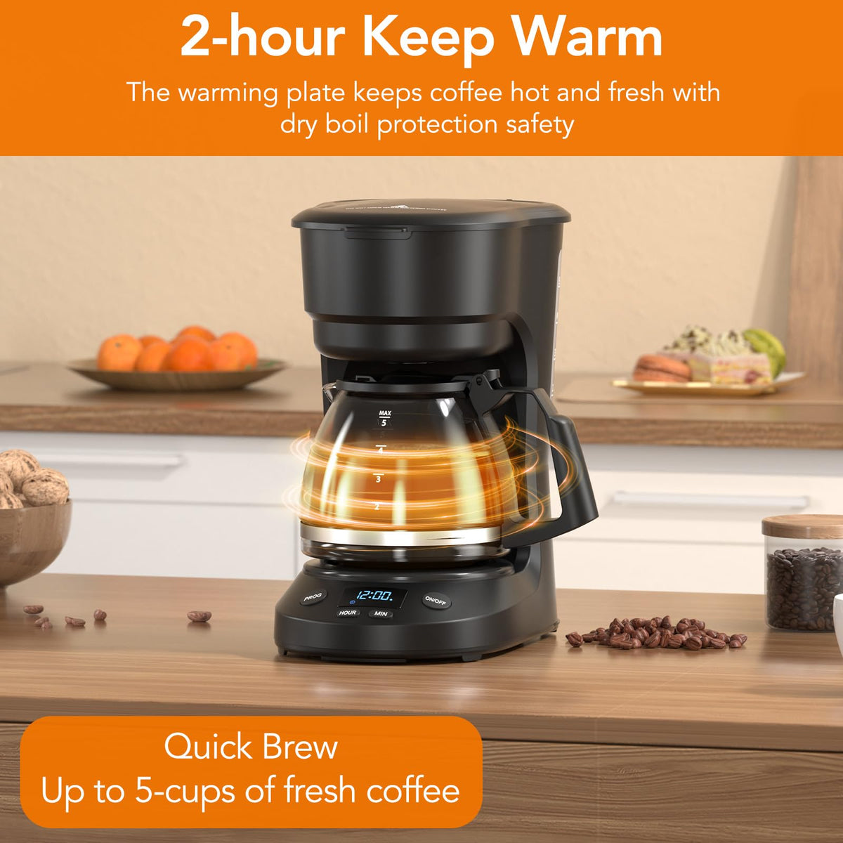 Electactic coffee maker showing 24-hour timer for scheduled morning brew.
