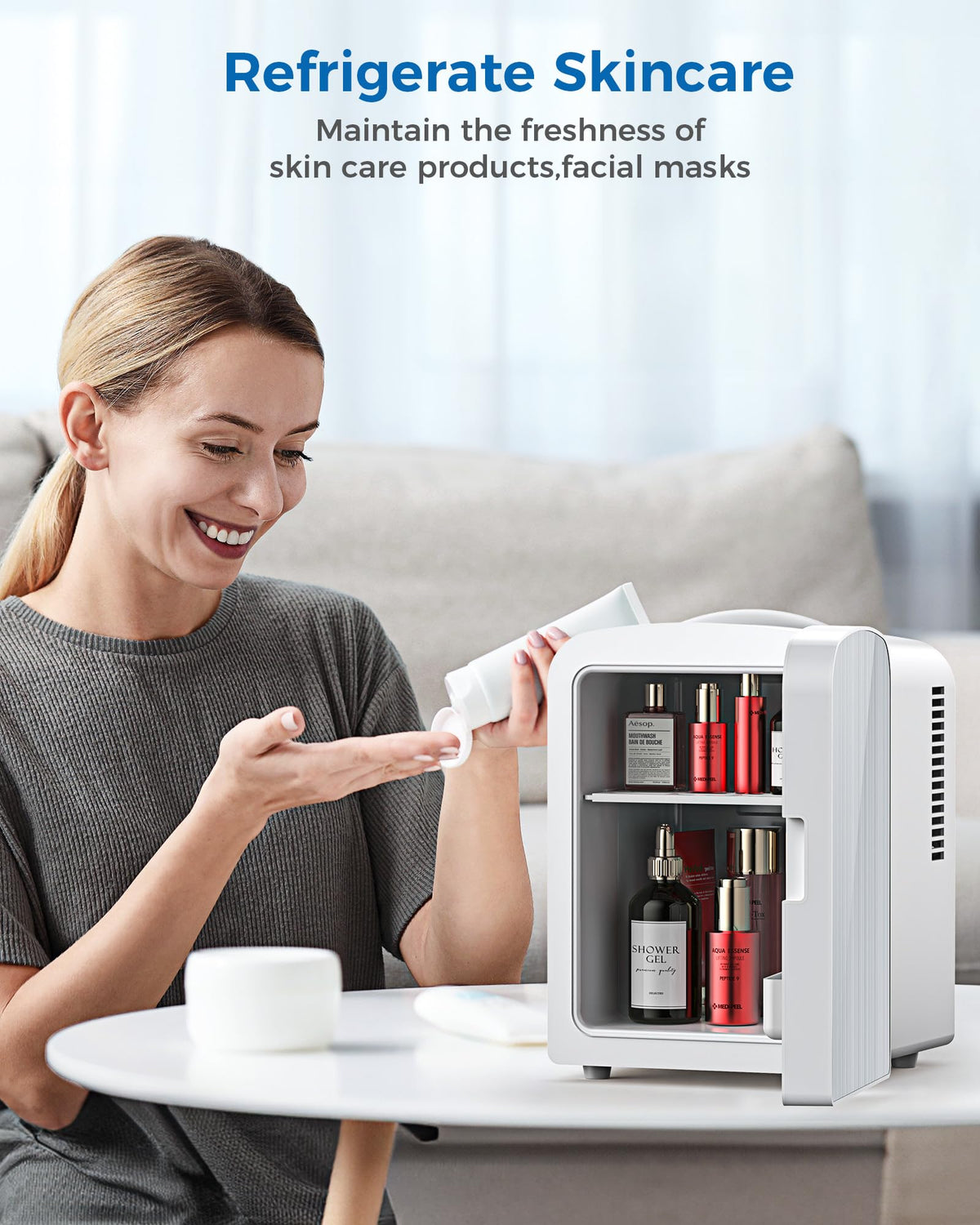Electactic 4L mini fridge skincare storage with removable shelf for flexible organization.