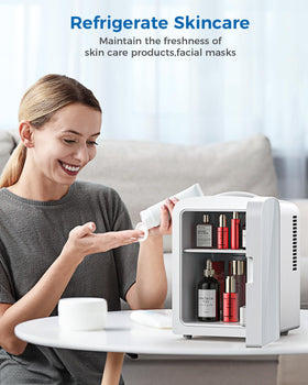 Electactic 4L mini fridge skincare storage with removable shelf for flexible organization.