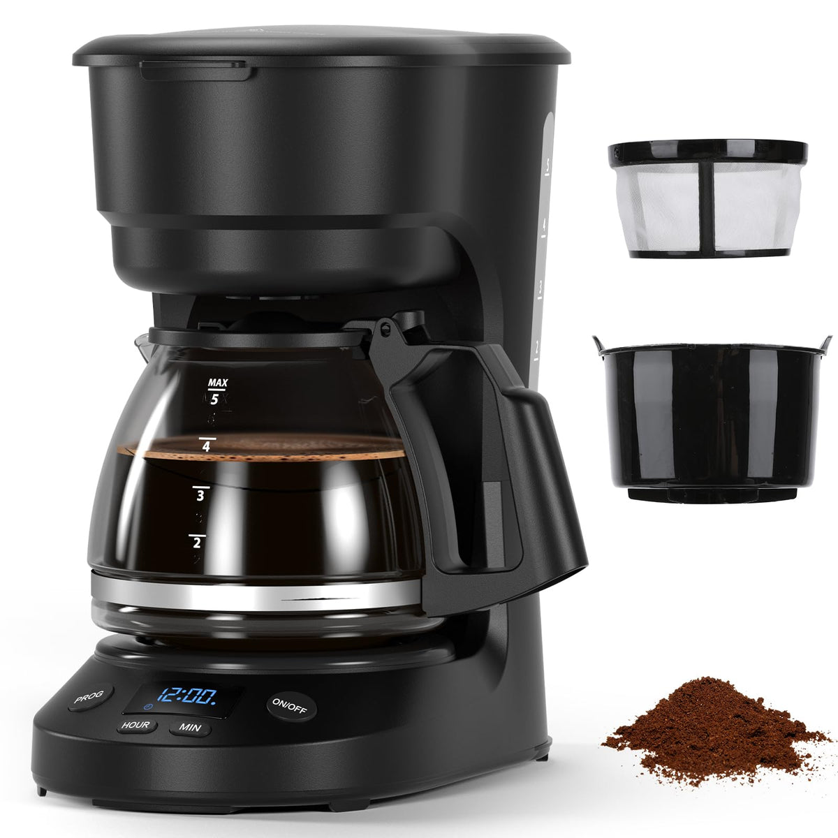 Electactic 5-Cup Coffee Maker front view shows compact design for small spaces.