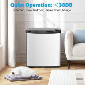 Electactic mini fridge interior showing shelves and freezer, convenient dorm organization.
