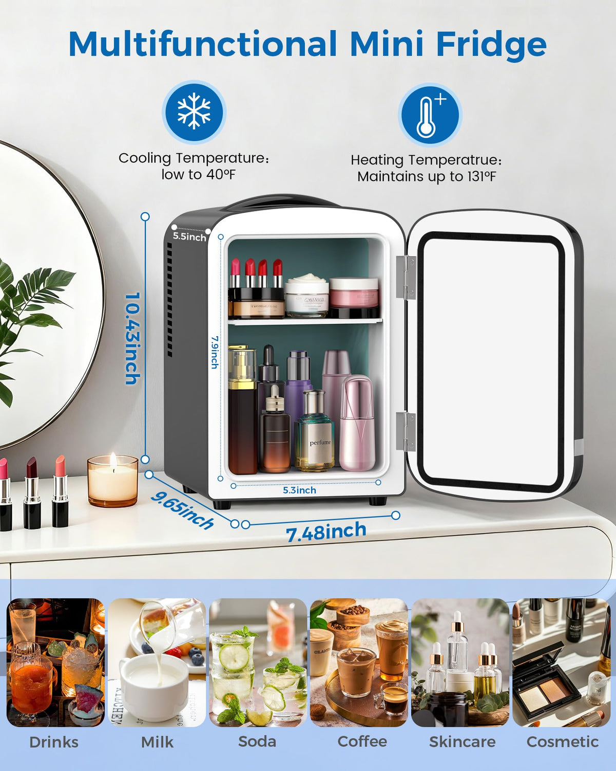 Electactic mini fridge interior storage layout highlights organized cosmetics and medicines